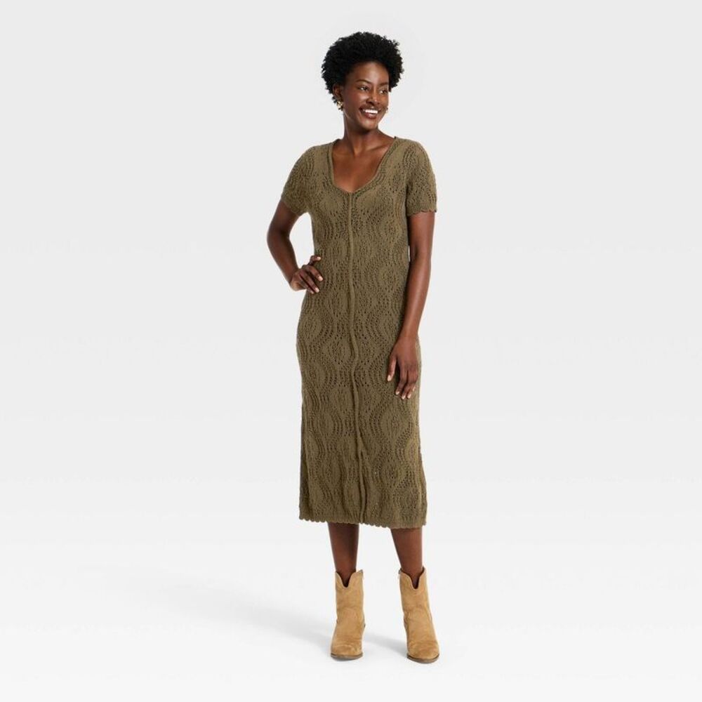 Women's Western Short Sleeve Scalloped Crafted Midi A-Line Dress - Brown XS